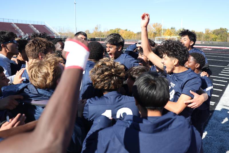 West Aurora celebrates their 2-1 win over Bolingbrook in the Class 3A Bolingbrook Regional championship match on Saturday, Oct. 26, 2024 in Bolingbrook.