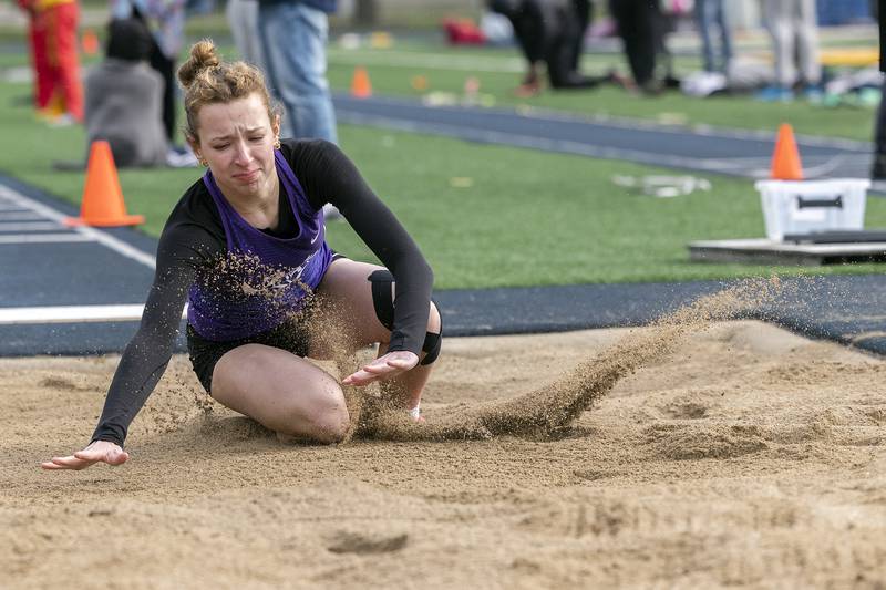 Dixon’s Carley Dallas lands her triple jump Friday, May 2, 2025, at the Sterling Night Relays.