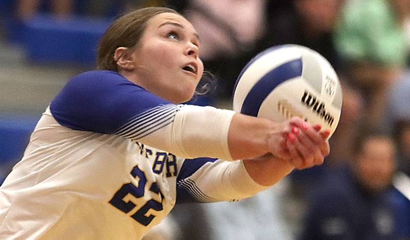Johnsburg’s Kaylee Pyles passes the ball against Richmond-Burton in varsity girls volleyball at Johnsburg High School in Johnsburg on Thursday, August 25, 2025.
