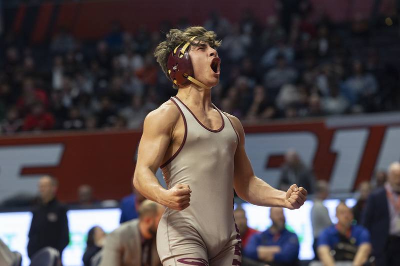 Richmond-Burton’s Emmett Nelson celebrates his win over Unity Christian’s Kaden Inman in the 144 pound weight class of the 1A state individual wrestling finals Saturday, Feb. 22, 2025, at State Farm Center in Champaign.