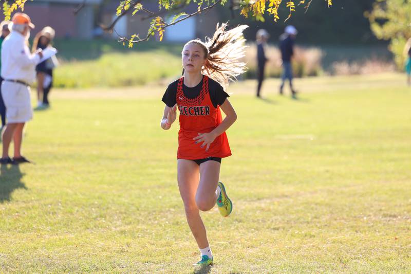 Beecher's Maeve McDermott nears the finish in the girls 3-mile race during All-Area Cross Country meet on Wednesday, Oct. 8, 2025, at Kankakee Community College.