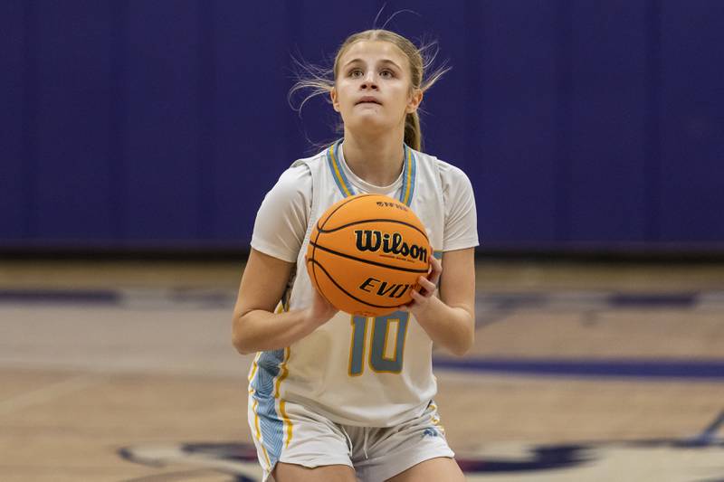 Joliet Catholic's Emma Napier shoots a free throw during a WJOL Girls Basketball Tournament game against Minooka at Joliet Junior College on Nov. 17, 2025.