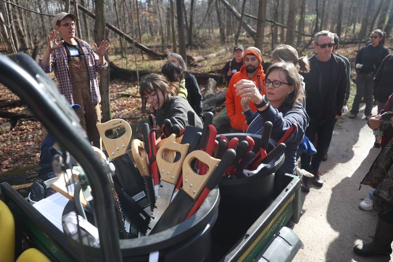 Volunteers grab tools at the nature preservation event to restore light to the woodland floor in Pilcher Park on Sunday, Nov. 10, 2024 in Joliet.