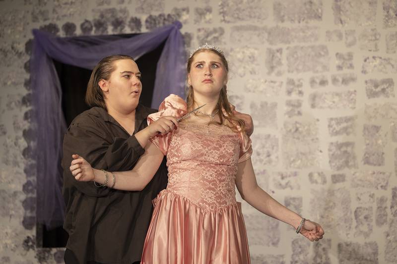 Morgan Ayling, playing the Sheriff of Nottingham, and Rhylee Hinkle, playing Lady Marian, rehearse a scene for Polo Area Community Theatre’s “The Somewhat True Tale of Robin Hood” on Wednesday, April 30, 2025.