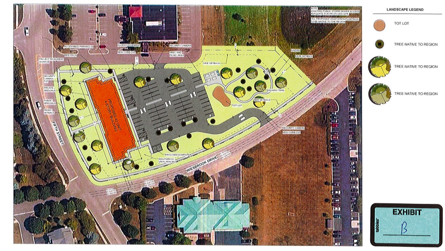 Exhibit B: Conceptual site plan for Deville Manor. Images taken from Woda Cooper's concept presentation.