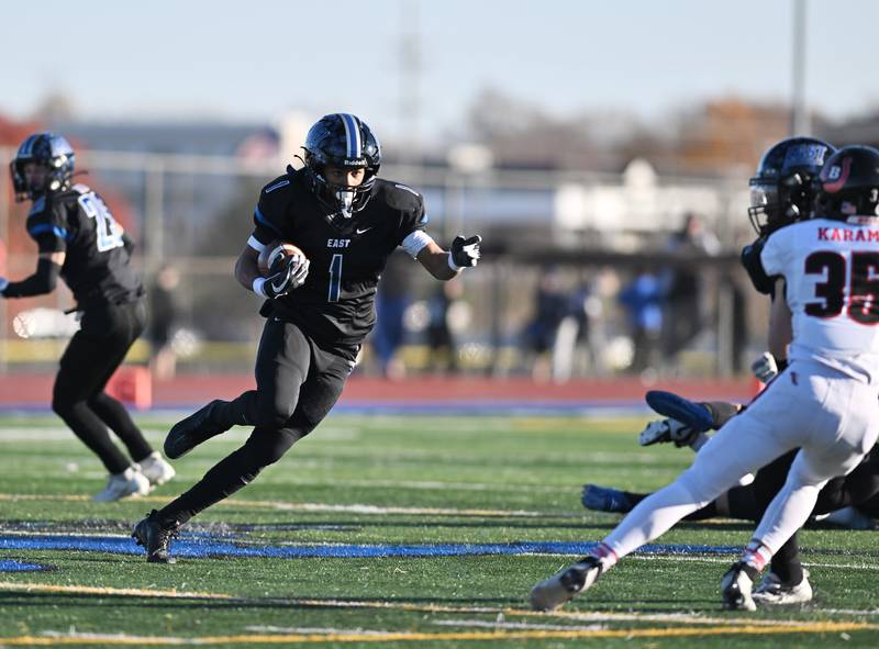 Lincoln-Way East's  Stephon Gardner-gist (1) in action during the IHSA class 8A semifinals playoff game against Barrington on Saturday, Nov. 18, 2023, at Frankfort. (Dean Reid for Shaw Local News Network)