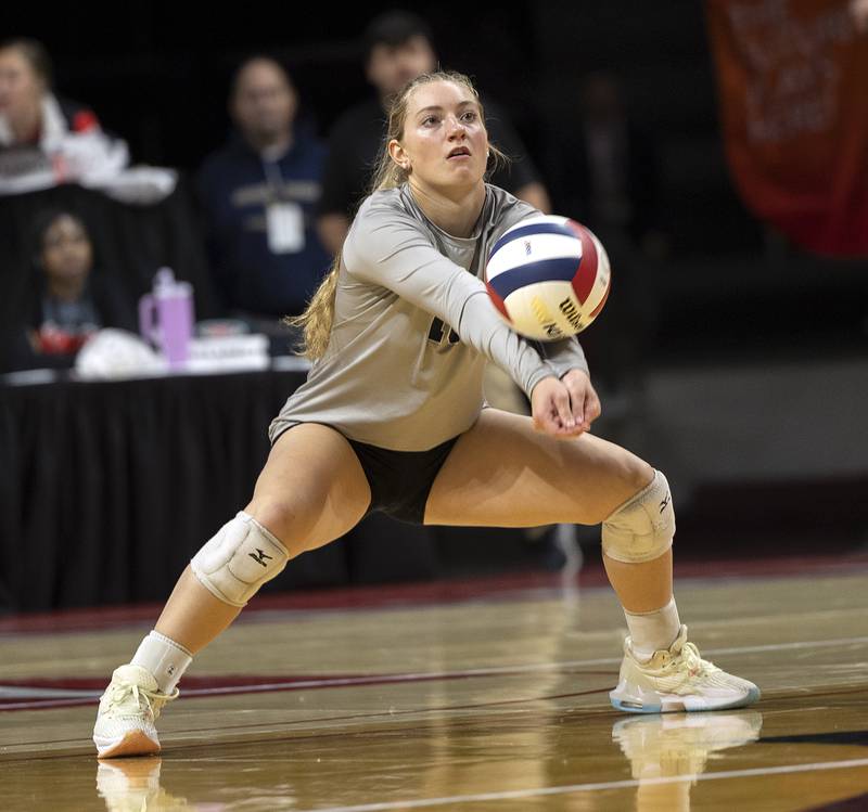 El Paso-Gridley's Tori Seggerman passes the ball against Timothy Christian Saturday, Nov. 16, 2024, in the Class 2A third place state volleyball match at CEFCU Arena in Normal.