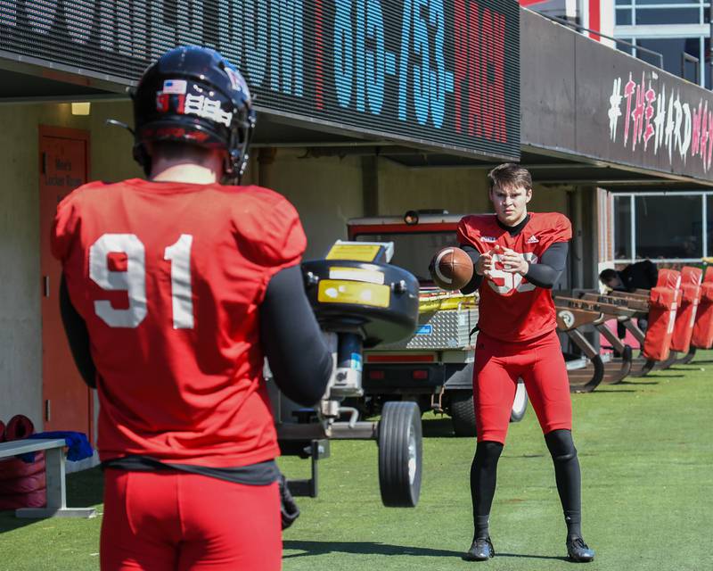 Northern Illinois University punter Tom Foley (98) warms up Saturday April 16th before the spring scrimmage at Huskie Stadium in DeKalb.