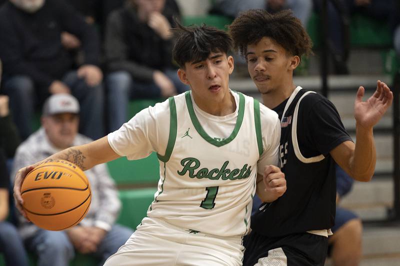 Rock Falls’ Austin Castaneda works against Kewanee’s Catrelle Reed Wednesday, Nov. 27, 2024, at Rock Falls High School.
