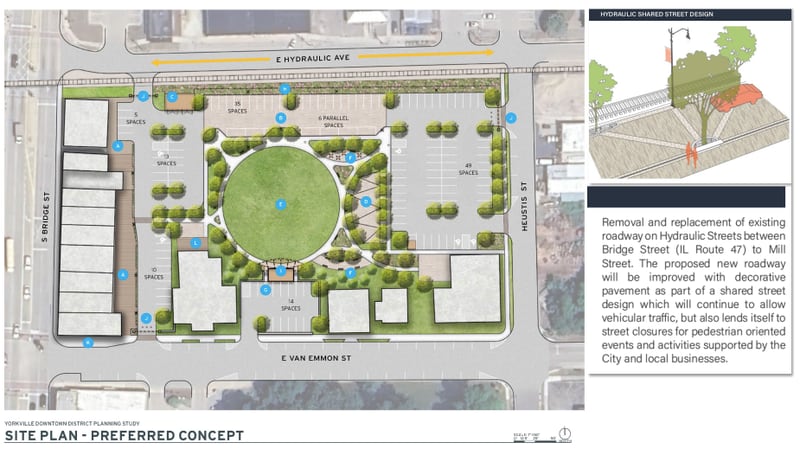 The Yorkville City Staff 'East Hydraulic Street Project' proposal including a one-way street and multi-use pathways.