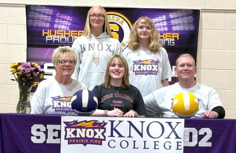 Recent Serena graduate Nicollette Walsh has signed on to continue her education at Knox College in Galesburg and her volleyball career at the NCAA Division III level with the Prairie Fire. She is pictured here (seated at center) surrounded by family at her signing ceremony.