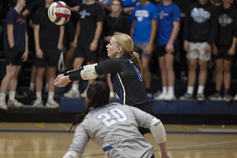 Newman’s Jess Johns plays a shot against Bureau Valley Thursday, Sept. 28, 2023 at Newman.