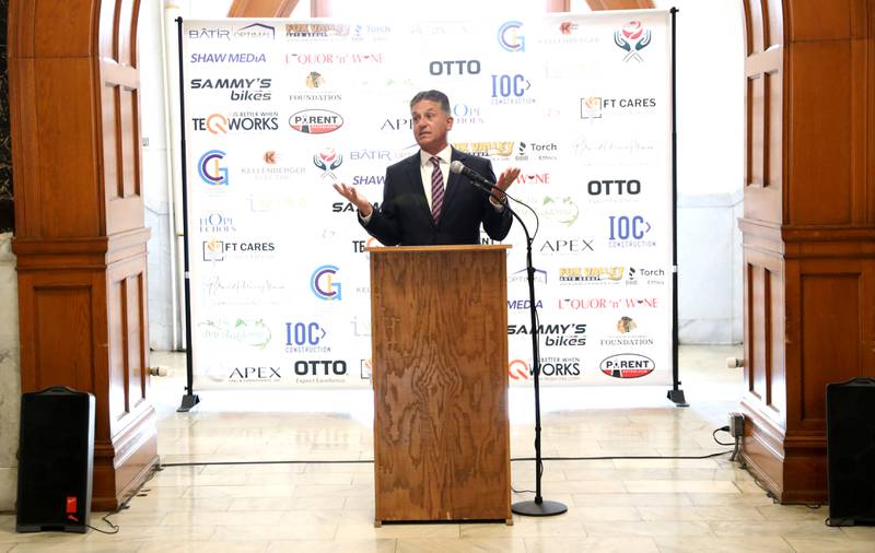Kane County Chief Judge Robert Villa speaks during the annual Hands Around the Courthouse in honor of National Child Abuse Prevention Month on Thursday, April 10, 2025 at the Kane County Courthouse in Geneva.
