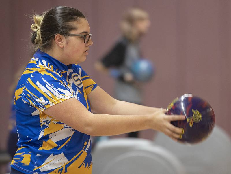 Sterling’s Kara Garcia eyes the lane against Galesburg Tuesday, Jan. 7, 2025, at Blackhawk Lanes.