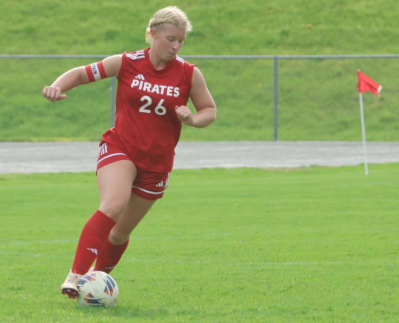 Ottawa's Taylor Brandt kicks the ball out of the box against L-P on Monday, April 13, 2026 on King Field at Ottawa High School.
