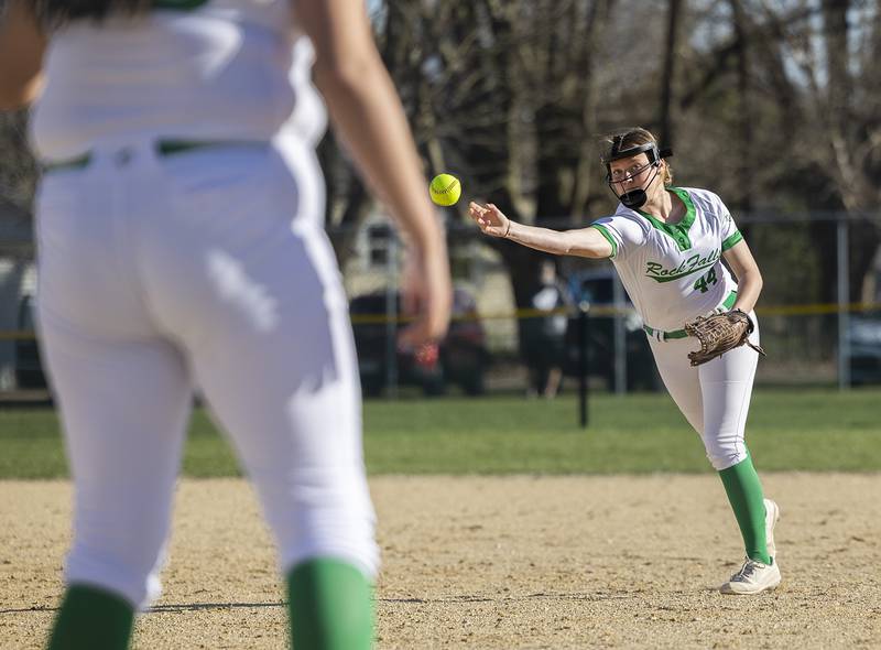 Rock Falls’ Kora Hostler throws to first against Dixon Tuesday, April 9, 2024 at Reynold’s field in Dixon.