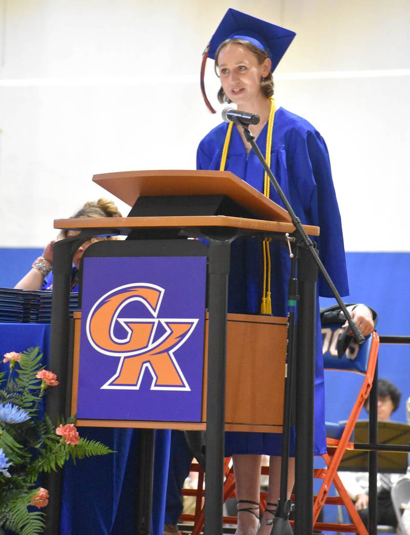 Violet Northrup addresses her class during the graduation commencement ceremony Saturday, May 20, 2023, at Genoa-Kingston High School.