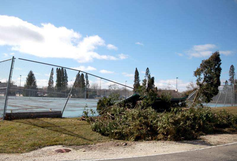 Trees, signs and fences were damaged on the Waubonsee Community College campus in Sugar Grove on Wednesday, Feb. 28, 2024 following a reported tornado the night before.