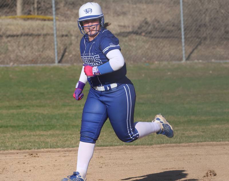 Princeton's Avah Oertel smiles after hitting a ground rule double against Ottawa on Friday, March 13, 2026 at Ottawa High School.