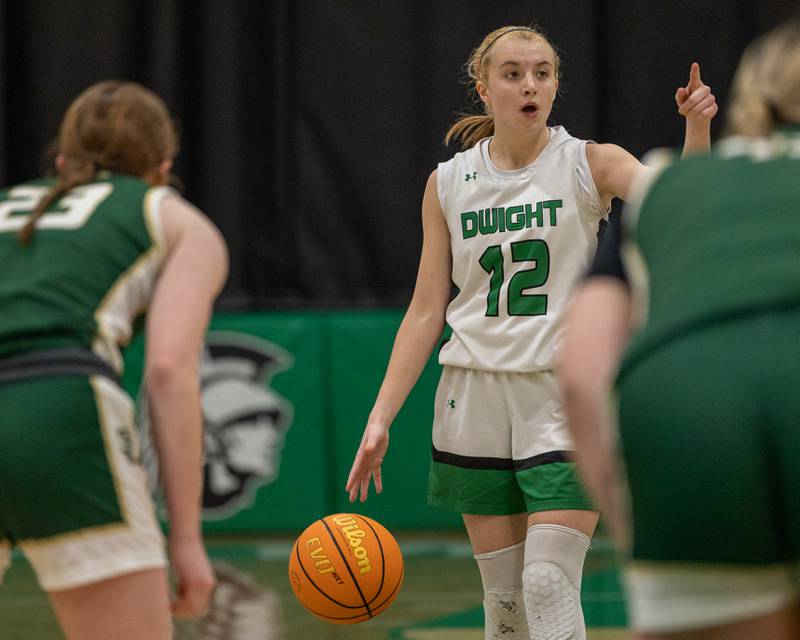 Dwight's Mikayla Chambers (12) calls out play whilst atop of key on Monday, January 19, 2026 at the Krese Memorial Gymnasium in Dwight.