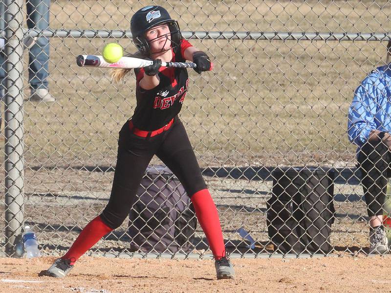 Hall's Caroline Morris tags out Bureau Valley's Gaby Trujillo at second base on Monday, March 9, 2026 at Bureau Valley High School.