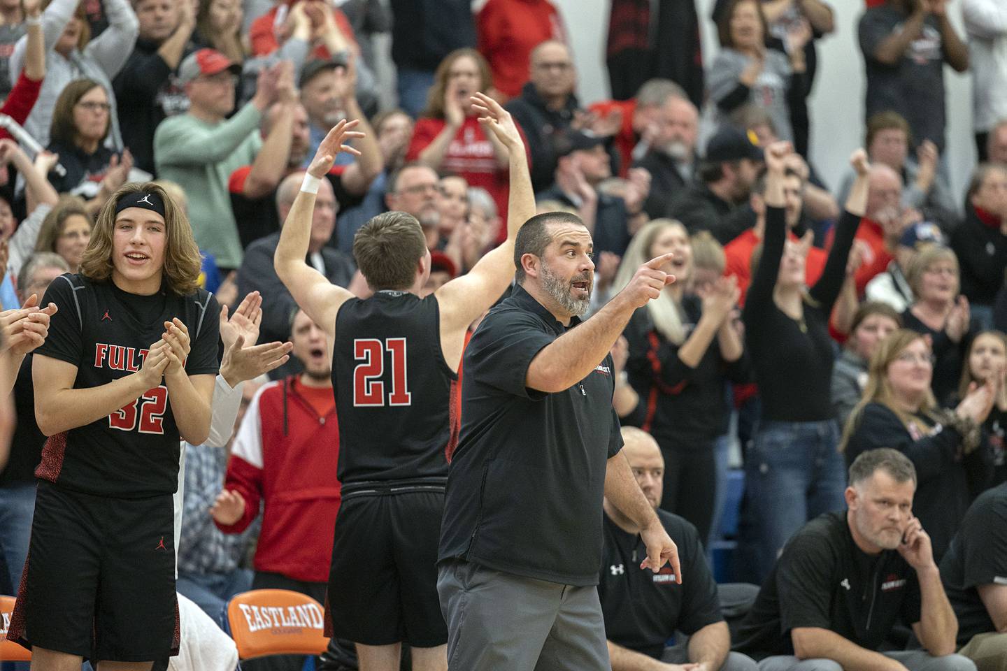 Fulton coach RJ Coffey works the sidelines during the Steamer’s win over Pecatonica Tuesday, Feb. 28, 2023 in the Eastland 1A sectional semifinal.