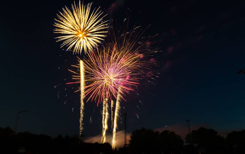 The “July 4th Fireworks” soar through the air at Langum Park in St. Charles on Friday, July 4, 2025.