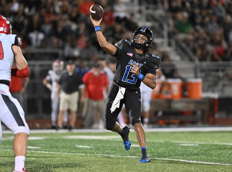 Lincoln-Way East's Jonas Williams throws a pass during a non-conference game against Maine South on Friday, Aug. 30, 2024, at Frankfort. (Dean Reid for Shaw Local News Network)