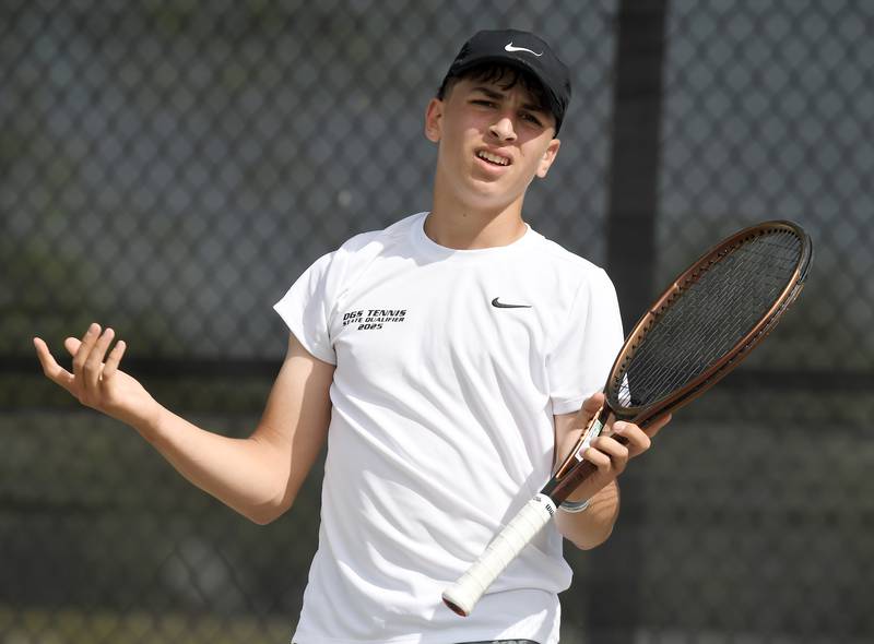 Downers Grove South’s Ryan Roumenov reacts to a point the didn’t go his way during the boys state tennis tournament at Barrington High School Thursday, May 29, 2025.
