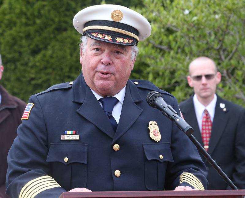 Former Utica fire Chief Dave Edgcomb speaks during the 20th anniversary of the tornado at the memorial on Saturday, April 20, 2024 in Utica.