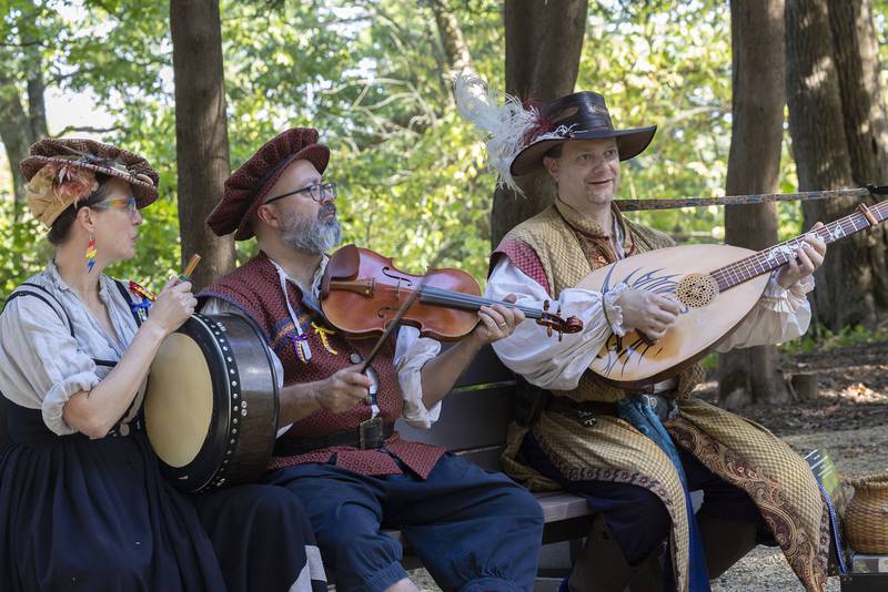 Dan the Bard plays with this merry group of musicians Sunday, October 5, 2025, during a show at the Olde English Faire, at the Stronghold.