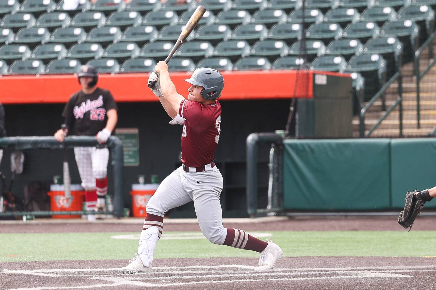 Morris’ Cody DelFavero connects against Highland in the IHSA Class 3A 3rd place game on Saturday June 8, 2024 Duly Health and Care Field in Joliet.