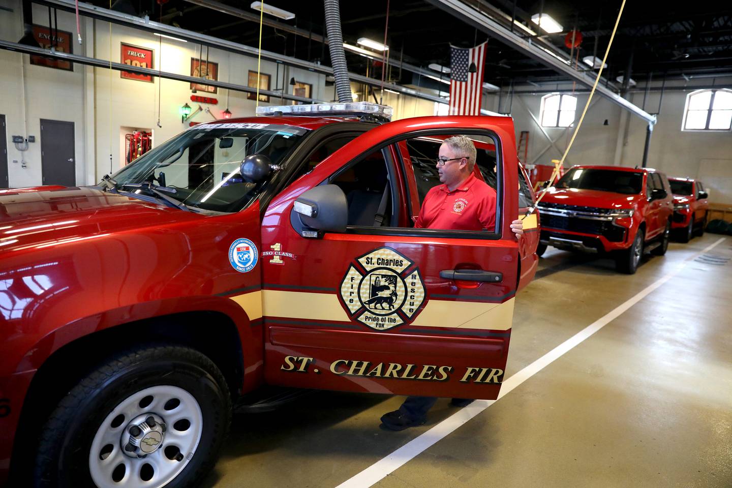 St. Charles Fire Department Battalion Chief and Captain Anthony Centimano leaves for a call from the department's Station 1. Centimano is a Marine Corps. veteran.