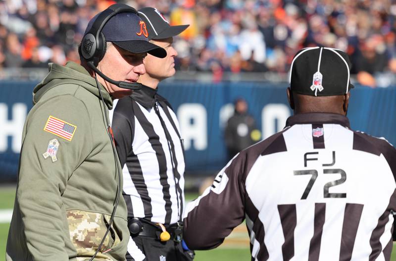 Chicago Bears head coach Matt Eberflus talks to the officials during their game against the Lions Sunday, Nov. 13, 2022, at Soldier Field in Chicago.