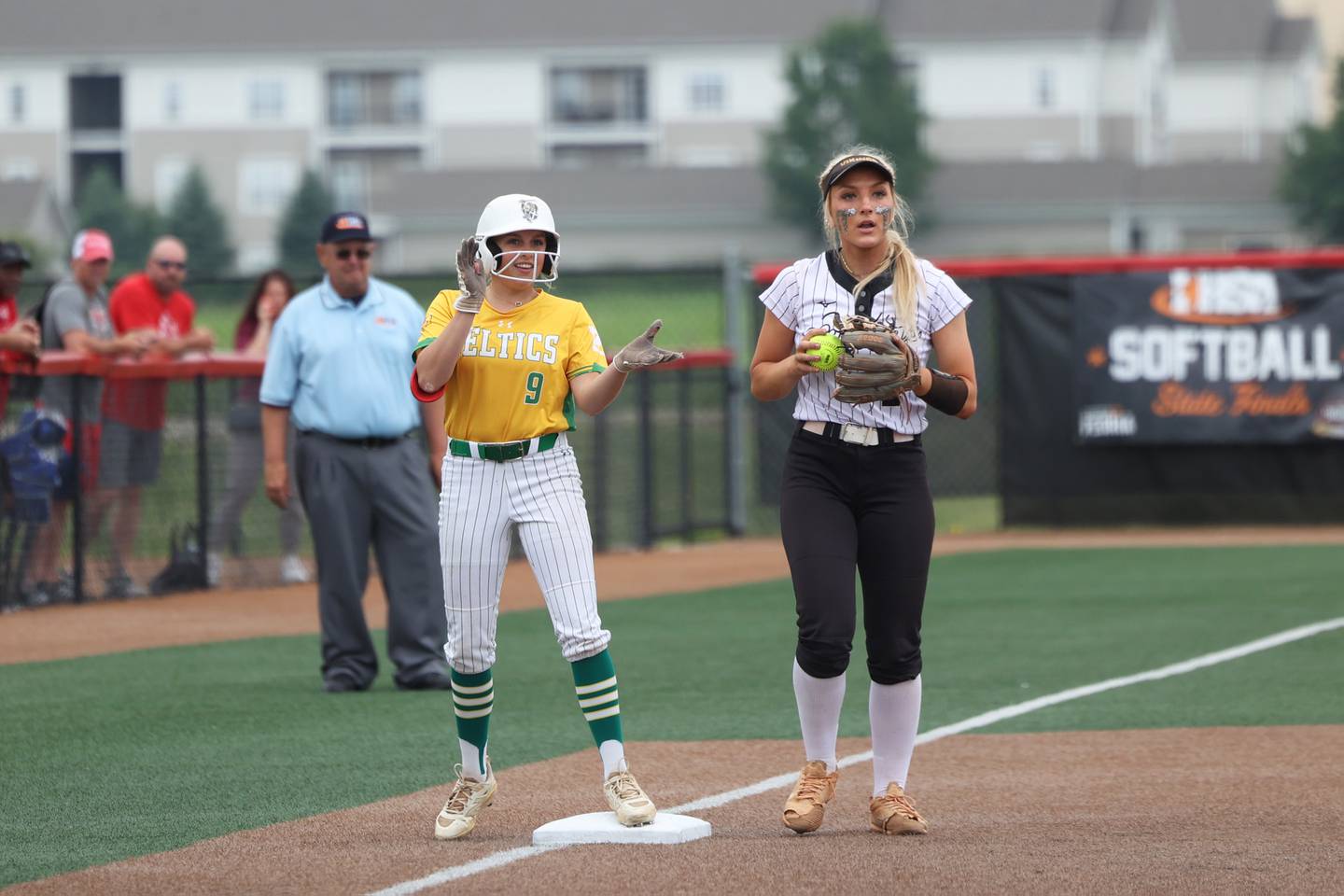 Providence Catholic's Ella Kucala celebrates a triple during the Celtic's 5-2 win over St. Laurence in the IHSA Class 3A state semifinal on Friday, June 13, 2025.