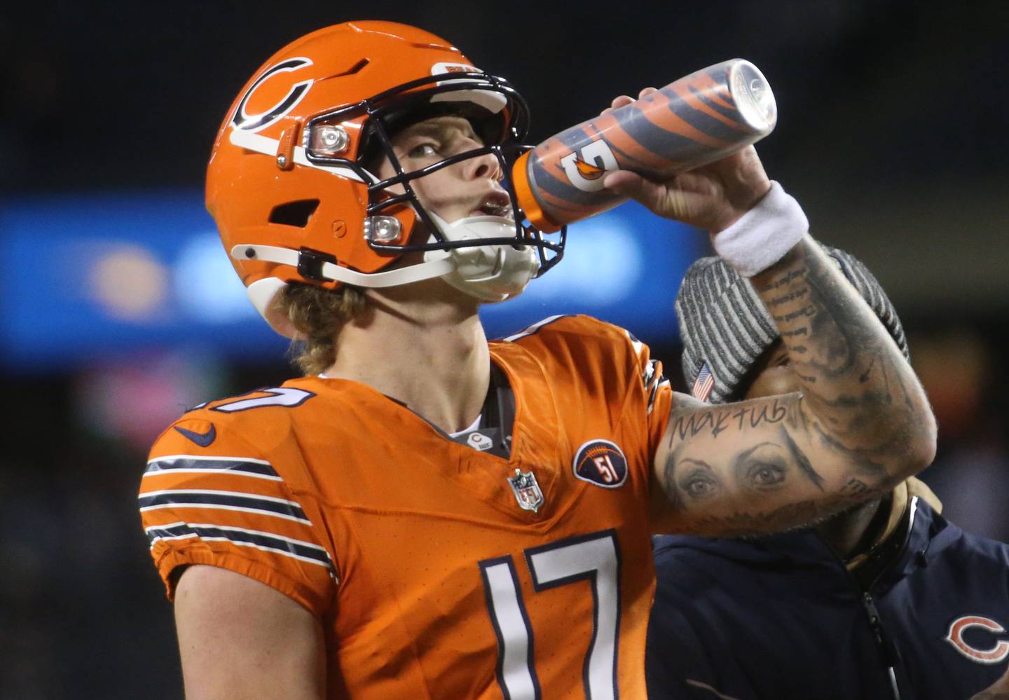Chicago Bears quarterback Tyson Bagent takes a drink during a timeout against the Carolina Panthers on Thursday, Nov. 9, 2023 at Soldier Field.