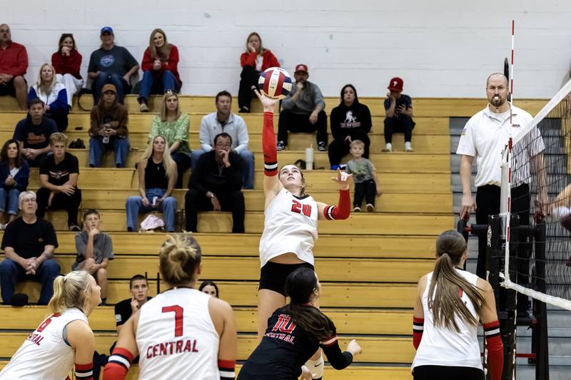 Lincoln-Way Central's Mya Donnelly gets some air during a varsity volleyball game against Lockport at Lincoln-Way Central on Oct. 9, 2025.