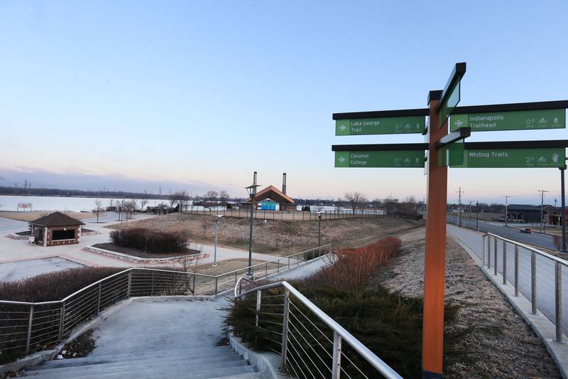 A view of the trail and amphitheater along The Wolf Lake Memorial Park looking on Saturday, Feb. 21, 2026 in Hammond, Ind. The area is a potential site of the new Chicago Bears stadium.