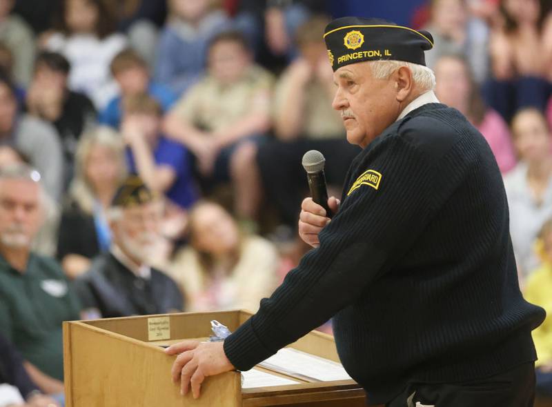 Vern Sondgeroth, a U.S. Army Veteran, speaks to students during the Veterans Day program on Friday, Nov. 7, 2025 at Logan Jr. High in Princeton. Sondgeroth was the guest speaker at the event.
