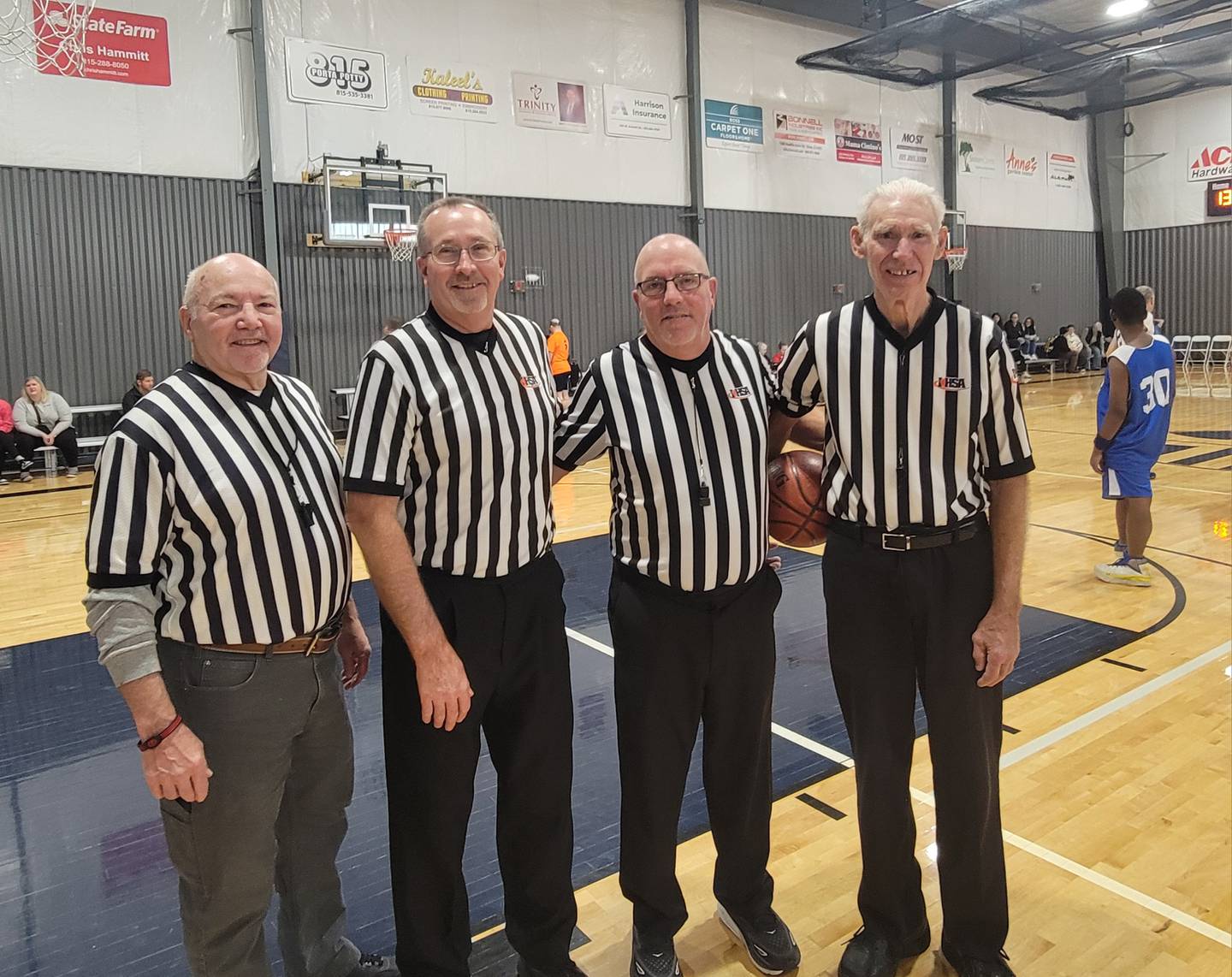 Certified Illinois High School Association referees Steve Beiser, Jim Jecklin, Troy Stockton, Richard Humphrey (left to right) volunteered to monitor the 24 practice basketball games at the Dixon Park District on Sunday, Dec. 8, 2024.