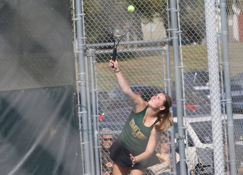 Coal City's Camryn Planeta serves during the Class 1A girls tennis sectionals on Thursday, Oct. 16, 2025 at Ottawa High School.