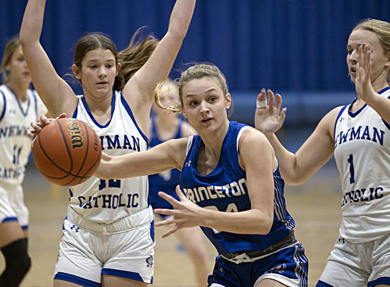 Princeton’s Keighly Davis handles the ball against Newman Thursday, Dec. 14, 2023 at Newman High School.