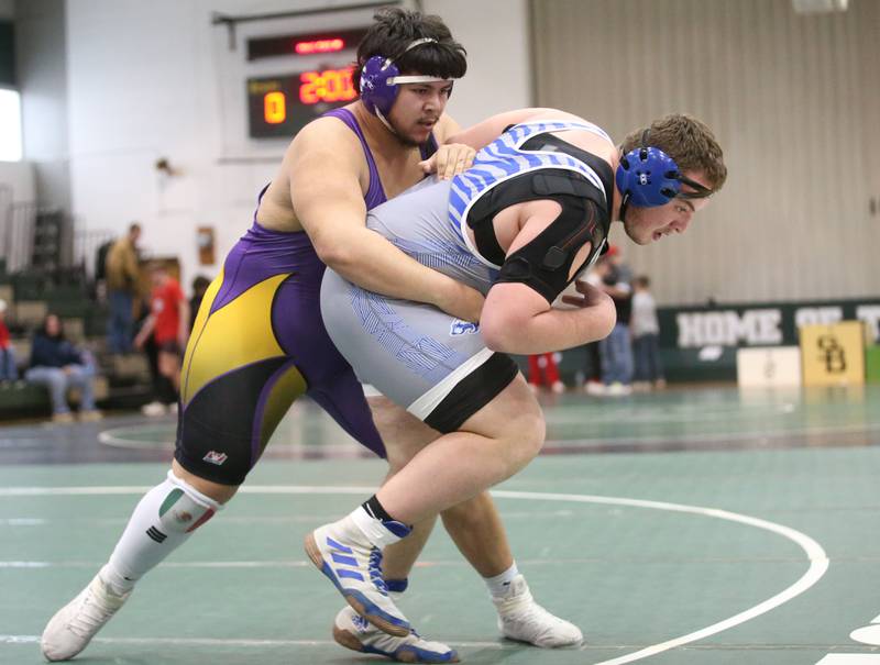 Mendota's Angil Serrano wrestles Princeton's Cade Odell in the 285 weight class during the Class 1A Regional meet on Saturday, Feb. 8, 2025 at St. Bede Academy.