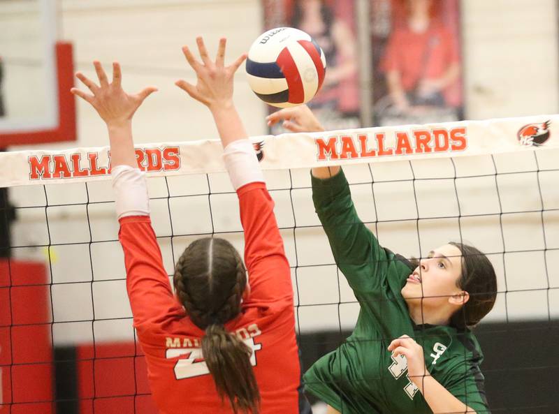 St. Bede's Hanna Waszowiak sends the ball past Henry-Senachwine's Harper Schrock on Tuesday, Oct. 21, 2025 at Henry-Senachwine High School.