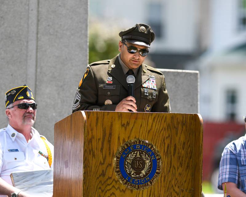 Masters Sargent Devin Persaud speaks during the Memorial Day event on Monday May 26, 2025, held at Town Square Park in Yorkville.