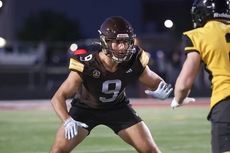 Joliet Catholic’s Ryker Czubak lines up against a receiver at the IHSA Southwest Suburb Showcase combine on Thursday, May 7, 2026 at Plainfield North High School.