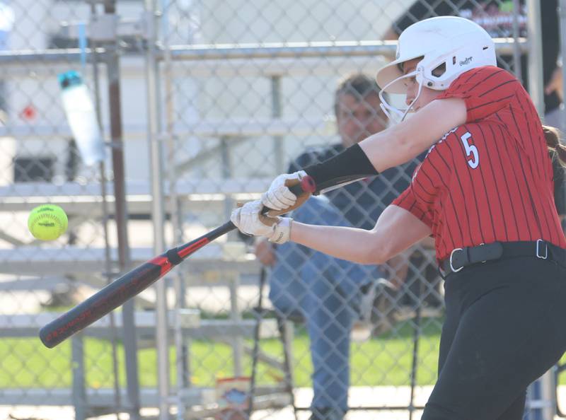 Henry-Senachwine's Addison Robbins gets a hit against Marquette on Thursday, April 23, 2026 at June Cross Field in Ottawa.