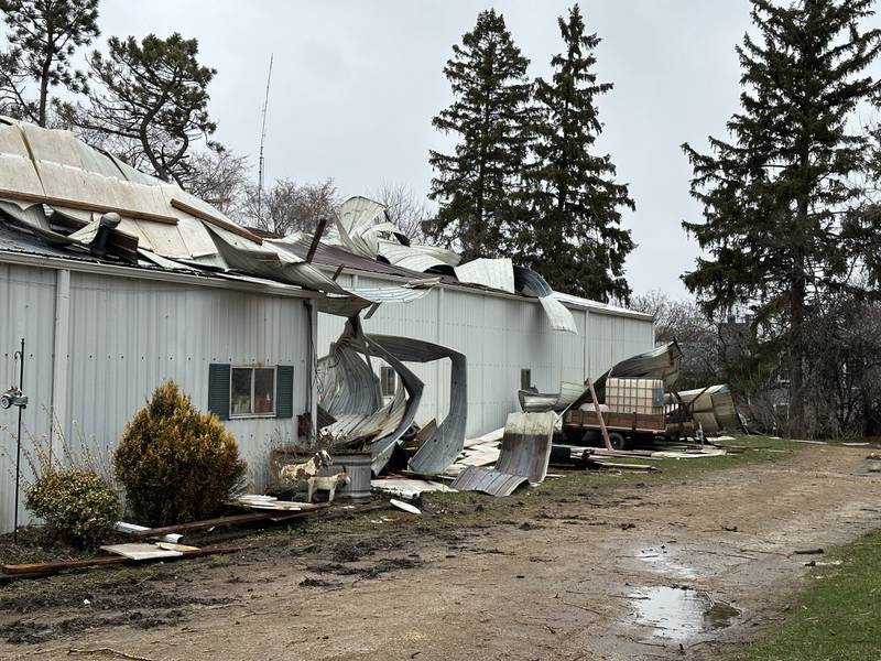Huntoon Stables in North Aurora suffered damage from a storm that ripped through the area on Friday, March 31, 2023.