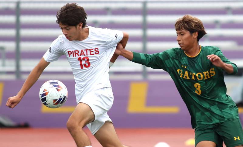 Crystal Lake South’s Jaidyn Rodriguez, right, pursues Palatine’s Mario Cruz in varsity boys soccer at Ray Porten Field on the campus of Wauconda High School in Wauconda on Wednesday, Sept. 3, 2025.
