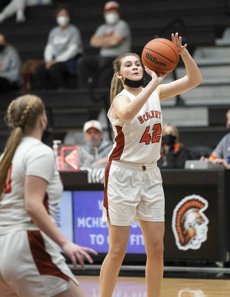 McHenry's Madalynn Friedle takes a shot from the three point line during the game against Crystal Lake South on Tuesday, January 11, 2022 in McHenry.
